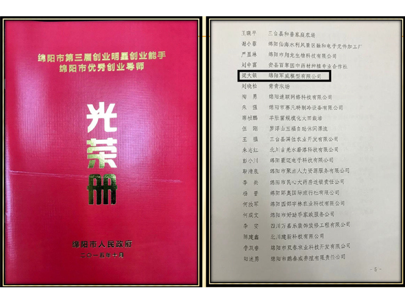 2015年我公(gōng)司被綿陽市人民(mín)政府評為(wèi)“綿陽市第三屆創業能(néng)手單位” 2015年我公(gōng)司被綿陽市人民(mín)政府評為(wèi)“綿陽市第三屆創業能(néng)手單位”